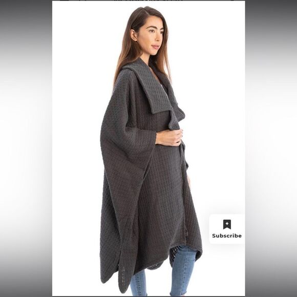 SAACHI Waffle Knit Topper Cape Scarf Cardigan Wrap in Dark Gray Cotton One Size - Picture 2 of 12
